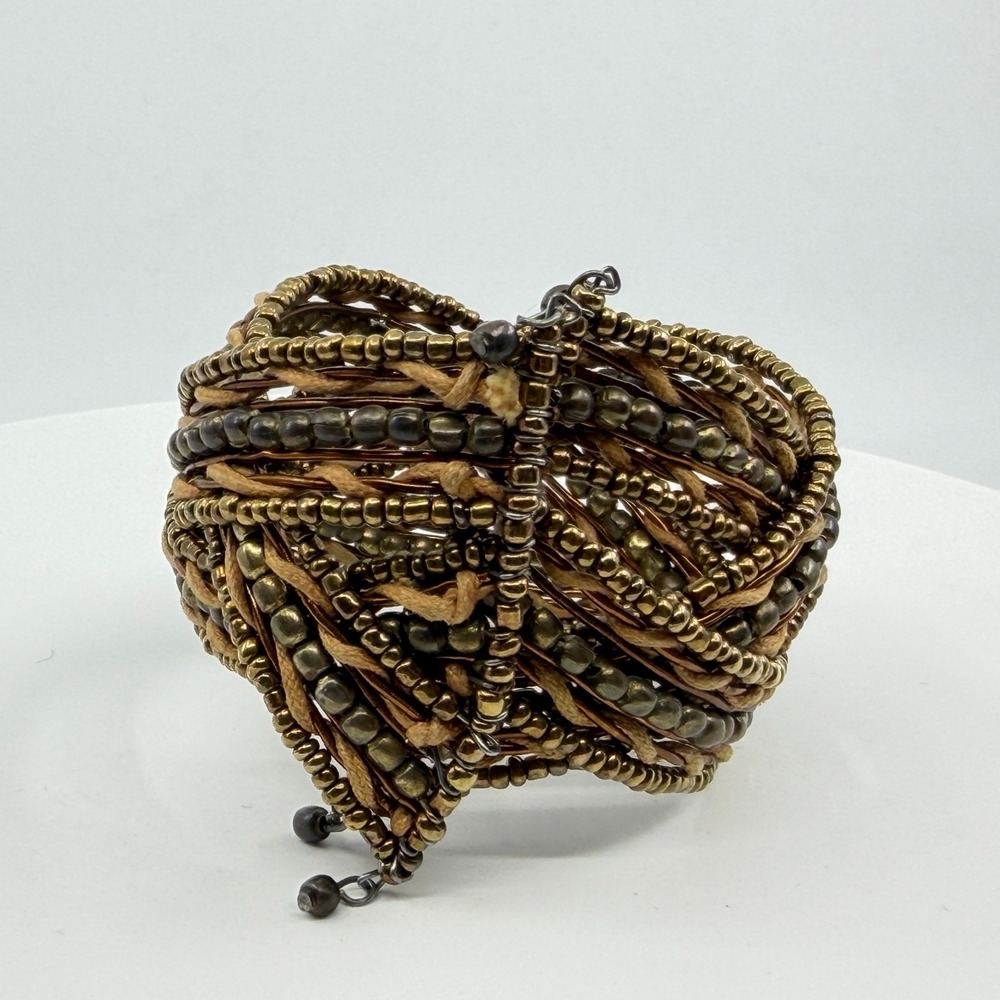 Bronze Seed Bead Layered Cuff Bracelet Boho Stackable Statement Jewelry Gift